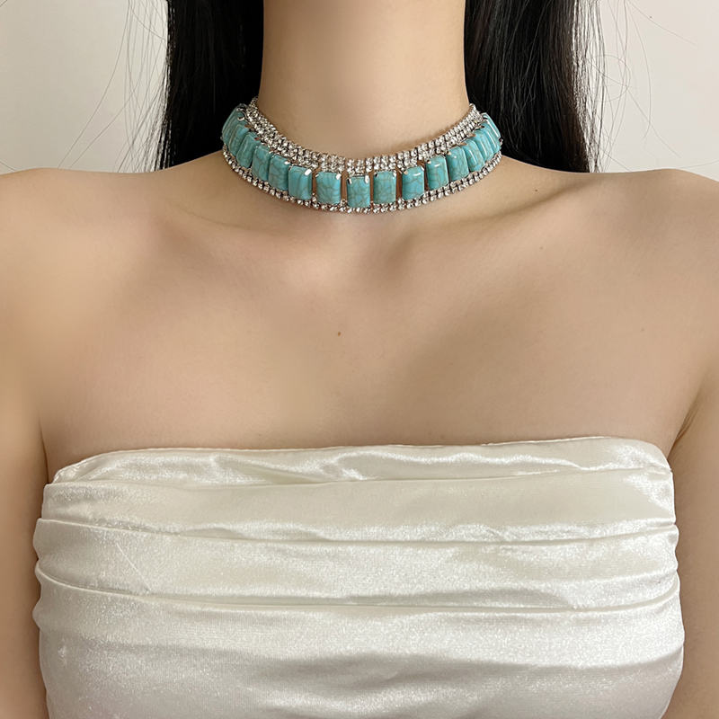 Exaggerated Turquoise Diamond Square Choker Necklace for Women - 2025 Light Luxury Wide Neck Chain Exaggerated Turquoise Diamond Square Choker Necklace for Women - 2025 Light Luxury Wide Neck Chain