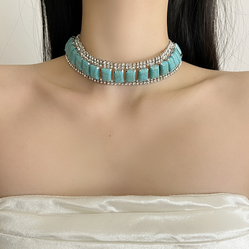Exaggerated Turquoise Diamond Square Choker Necklace for Women - 2025 Light Luxury Wide Neck Chain Exaggerated Turquoise Diamond Square Choker Necklace for Women - 2025 Light Luxury Wide Neck Chain