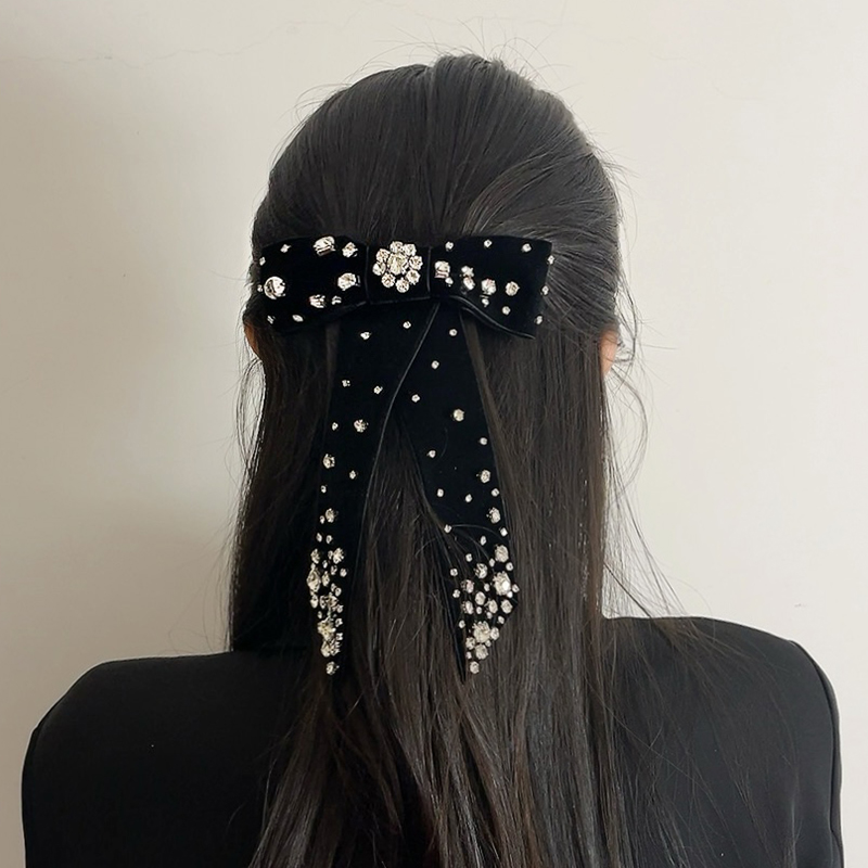 Exquisite Black Velvet Rhinestone Bow Hair Clip - High-End European American Design for Stylish Girls - 2025 Trend