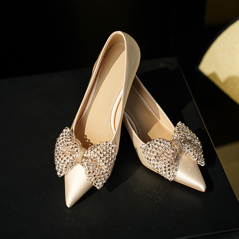 Exquisite Champagne Wedding Shoes with French Bow, Comfortable High Heels for Brides, Elegant Daily Wear Footwear