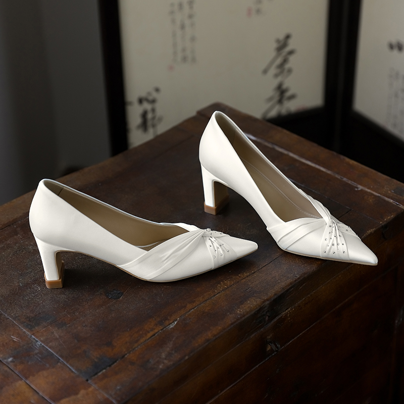 Exquisite Chunky Heel Wedding Shoes, Satin High Heels with French Elegance for Brides, Comfortable Daily Wear, Perfect for Y2K Style