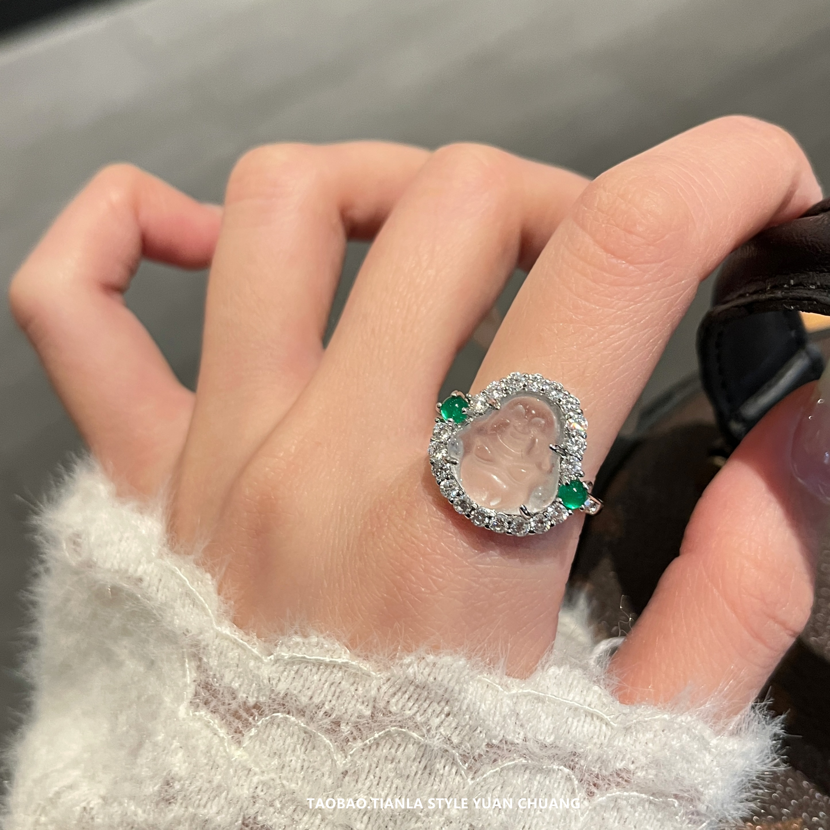 Exquisite Diamond-Inlaid Imitation Jadeite Buddha Ring for Women - Lightweight Luxury High-End Design for 2025