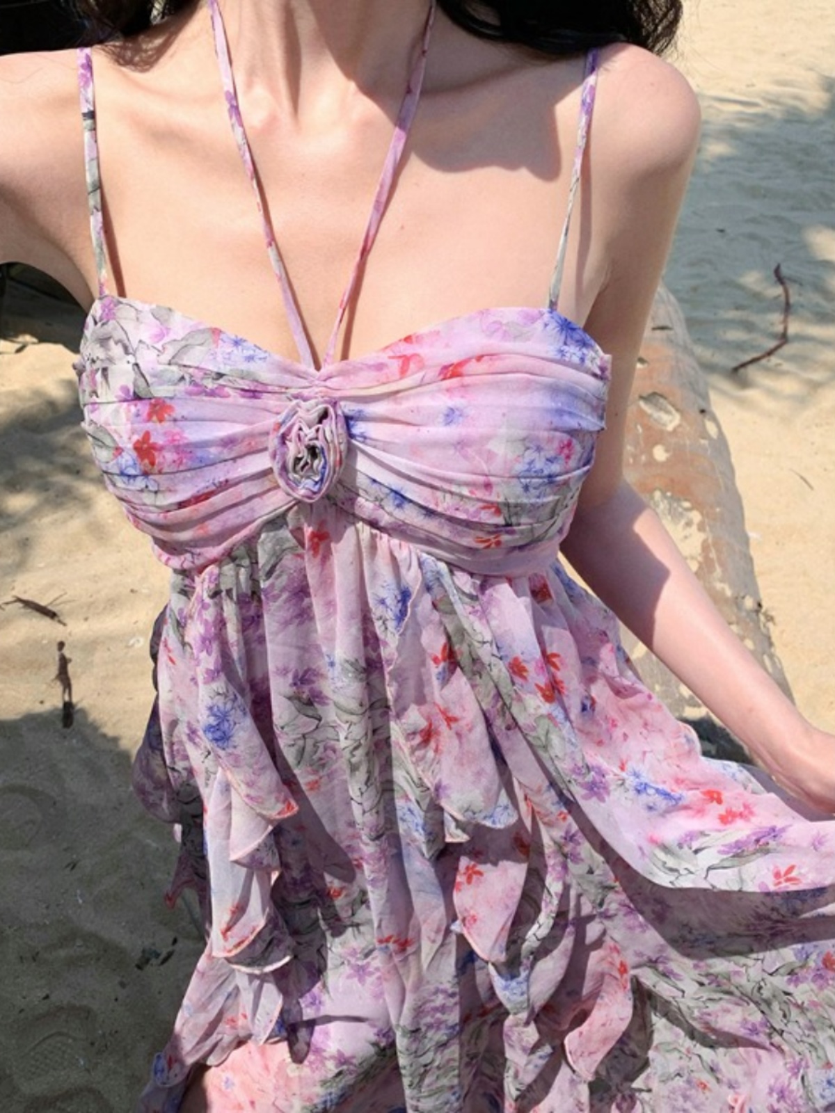 Exquisite Floral Halter Long Dress - French Style Summer Beach Dress with Elegant Vibe for Vacation Exquisite Floral Halter Long Dress - French Style Summer Beach Dress with Elegant Vibe for Vacation