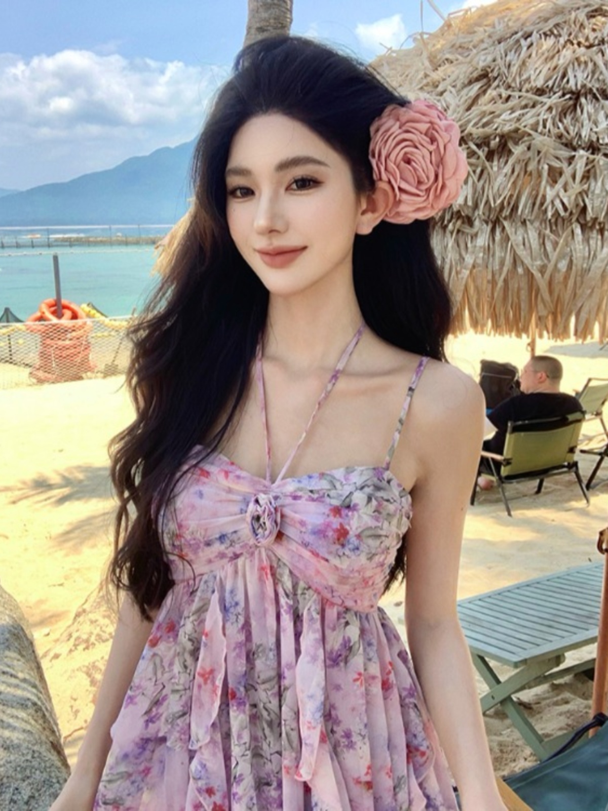 Exquisite Floral Halter Long Dress - French Style Summer Beach Dress with Elegant Vibe for Vacation