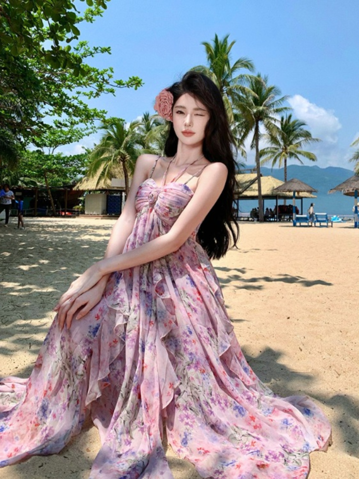 Exquisite Floral Halter Long Dress - French Style Summer Beach Dress with Elegant Vibe for Vacation Exquisite Floral Halter Long Dress - French Style Summer Beach Dress with Elegant Vibe for Vacation