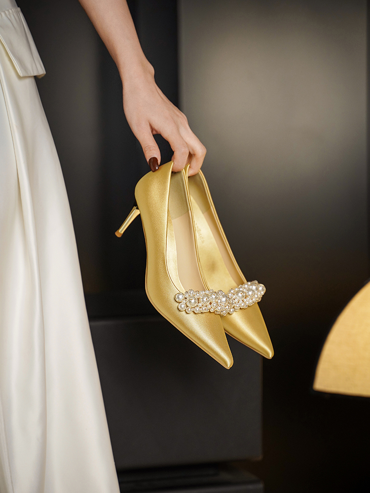 Exquisite French Wedding Shoes for Brides - Two-in-One High Heels in Satin, Comfortable Golden Xiuhe Style for Elegant Weddings