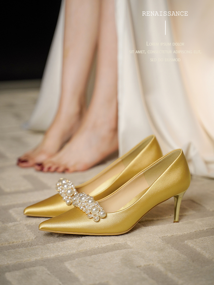 Exquisite French Wedding Shoes for Brides - Two-in-One High Heels in Satin, Comfortable Golden Xiuhe Style for Elegant Weddings