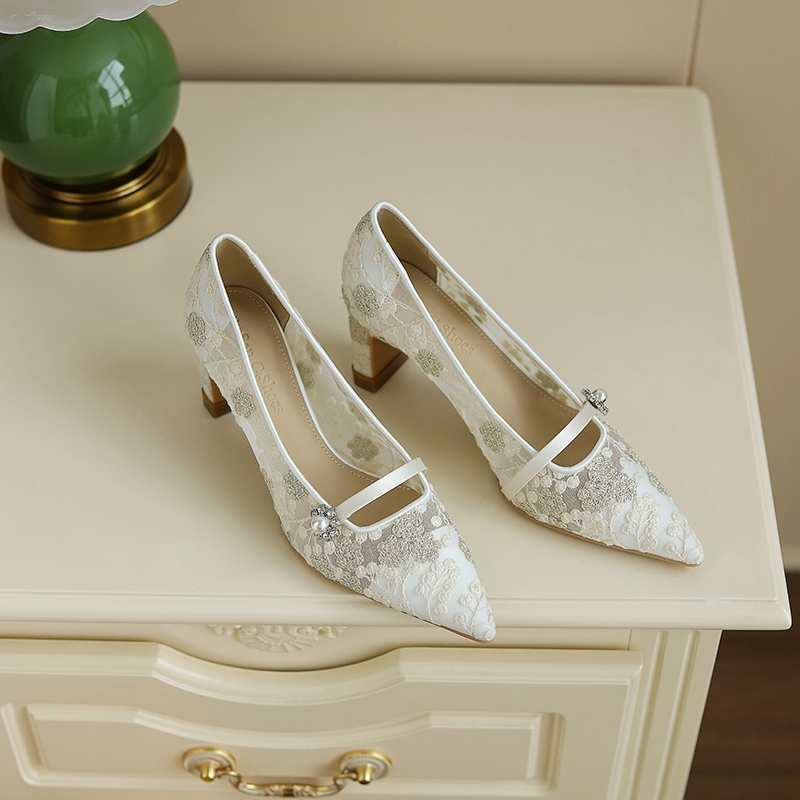 Exquisite Lace Wedding Shoes for Bride - French Chunky Heel High Heels, Comfortable High-End Design for Elegant Weddings