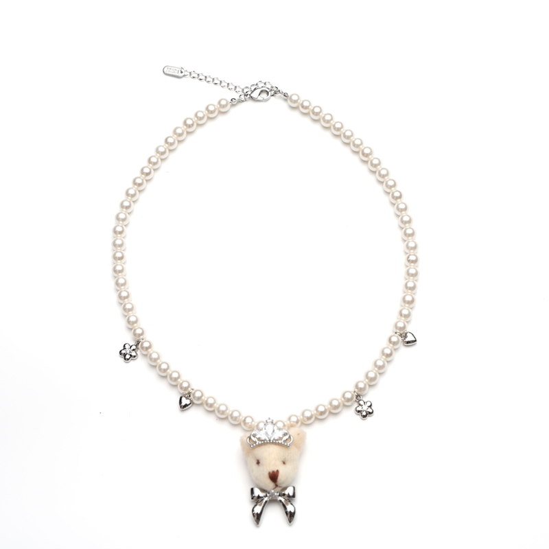 Exquisite Layered Pearl Necklace with Childlike Bear and Flower Design for Sweet Girls - Trendy Clavicle Chain