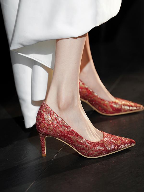Exquisite Red Sequined Wedding Shoes for Xiuhe Dress, Dual-Use High-End Comfort for Banquets, Elegant Bridal Footwear Exquisite Red Sequined Wedding Shoes for Xiuhe Dress, Dual-Use High-End Comfort for Banquets, Elegant Bridal Footwear