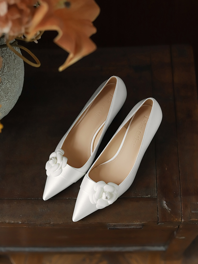 Exquisite Wedding Shoes for Brides - French Camellia High Heels with Chunky Design, Comfortable for Everyday Wear, High-End Style