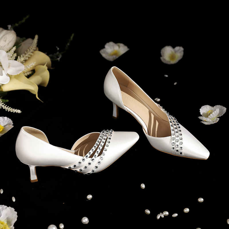 Exquisite White High-Heeled Bridal Shoes in French Satin - Elegant Wedding Footwear for Formal Occasions, Comfortable Fit