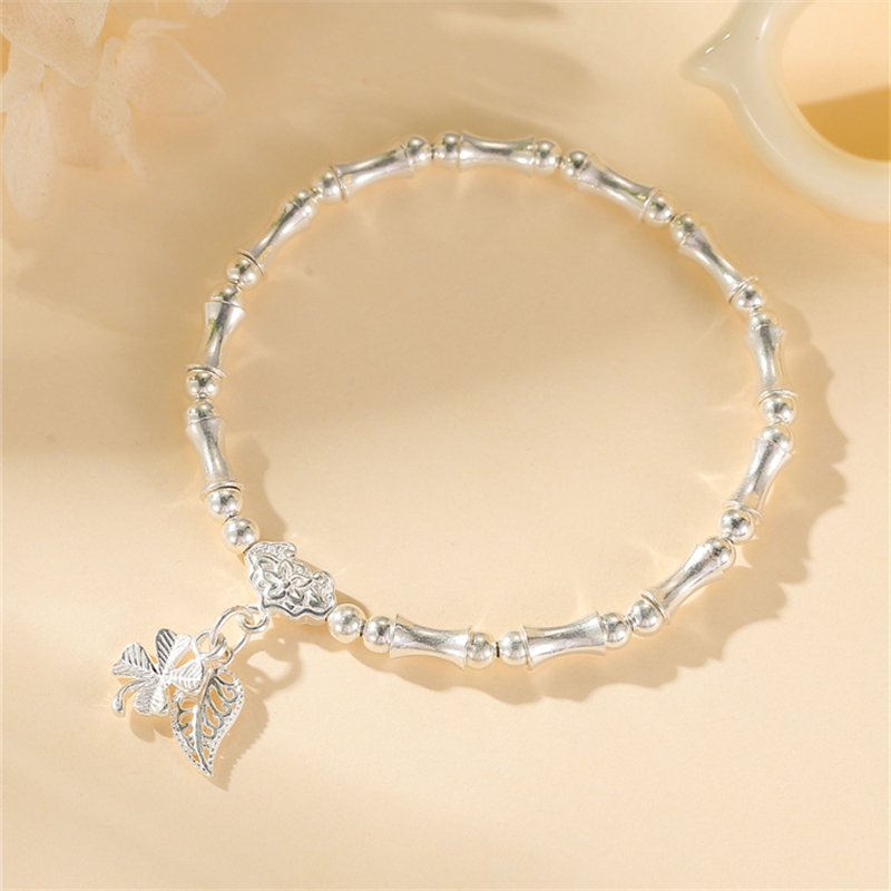 Exquisite Women's Four-Leaf Clover Bamboo Joint Bracelet Collar Pin in Pure Silver - Elegant Peace Lock Jewelry