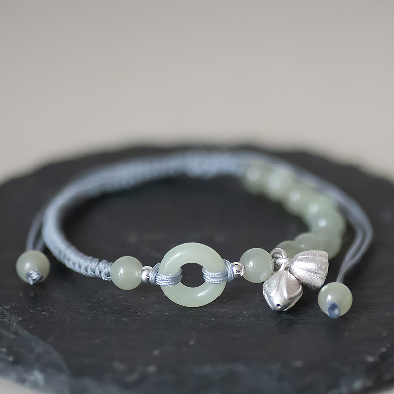 Exquisite Woven Jade and Silver Bracelet - Light Luxury Women's Jewelry, Two Worlds Joy and Peace Design, Niche Fashion Accessory