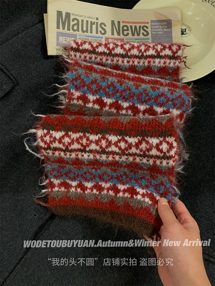 Fair Isle Red Jacquard Wool Scarf for Women, Thickened Neck Warmer for Autumn & Winter, Cozy High-End Fashion Accessory