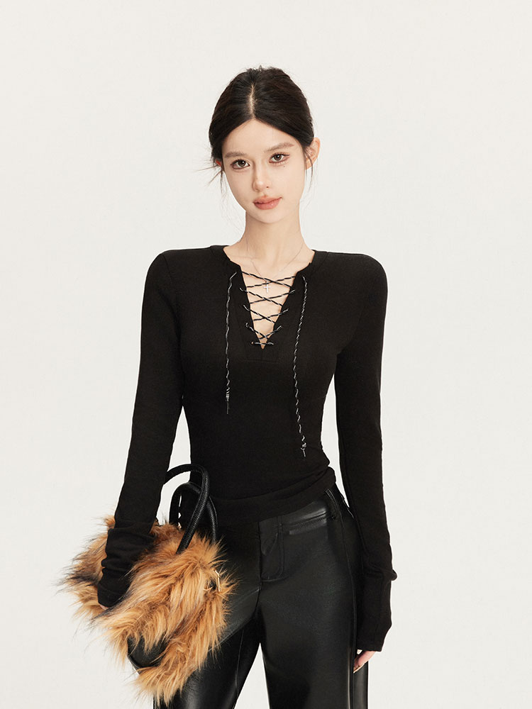 Fairy Little T Women's Long Sleeve Deep V-Neck Tie-Up T-Shirt - Fashionable Versatile Top for Y2K Style