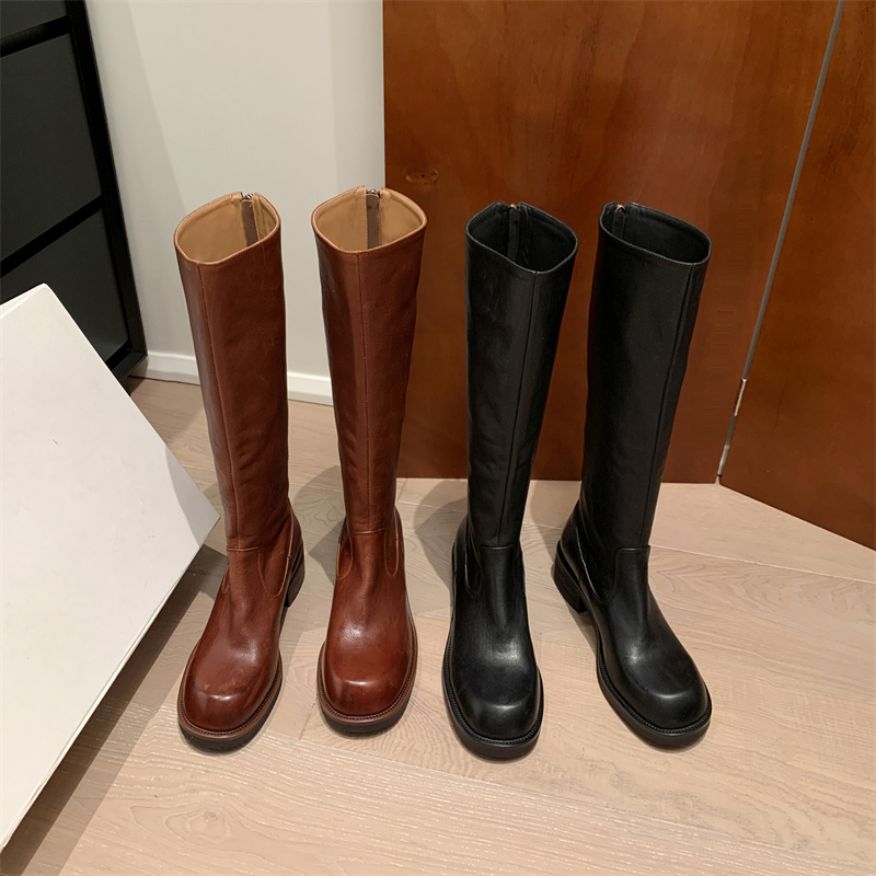 Fashionable Black Knee-High Knight Boots for Women - Heavy-Duty Full Cowhide, Round-Toe, Mid-Heel - Elegant Long Legs Style Fashionable Black Knee-High Knight Boots for Women - Heavy-Duty Full Cowhide, Round-Toe, Mid-Heel - Elegant Long Legs Style