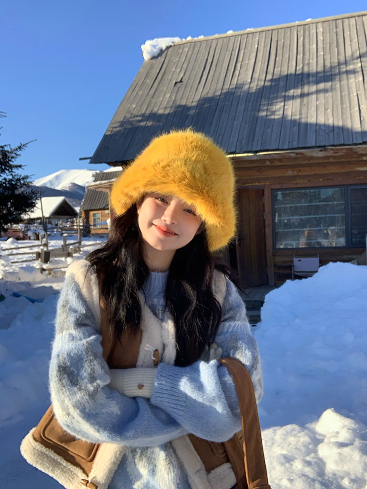 Faux Fur Mink Fisherman Hat for Women - Autumn Winter Plush Lei Feng Style, Face-Slimming Design, Trendy Streetwear Accessory Faux Fur Mink Fisherman Hat for Women - Autumn Winter Plush Lei Feng Style, Face-Slimming Design, Trendy Streetwear Accessory