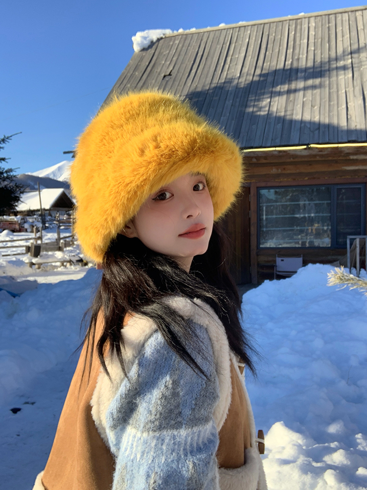 Faux Fur Mink Fisherman Hat for Women - Autumn Winter Plush Lei Feng Style, Face-Slimming Design, Trendy Streetwear Accessory Faux Fur Mink Fisherman Hat for Women - Autumn Winter Plush Lei Feng Style, Face-Slimming Design, Trendy Streetwear Accessory