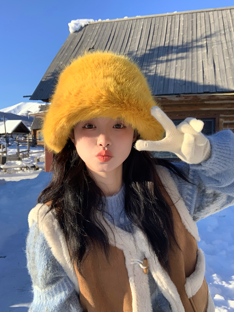 Faux Fur Mink Fisherman Hat for Women - Autumn Winter Plush Lei Feng Style, Face-Slimming Design, Trendy Streetwear Accessory Faux Fur Mink Fisherman Hat for Women - Autumn Winter Plush Lei Feng Style, Face-Slimming Design, Trendy Streetwear Accessory