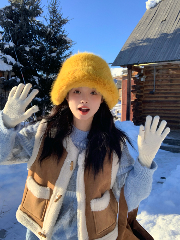 Faux Fur Mink Fisherman Hat for Women - Autumn Winter Plush Lei Feng Style, Face-Slimming Design, Trendy Streetwear Accessory Faux Fur Mink Fisherman Hat for Women - Autumn Winter Plush Lei Feng Style, Face-Slimming Design, Trendy Streetwear Accessory