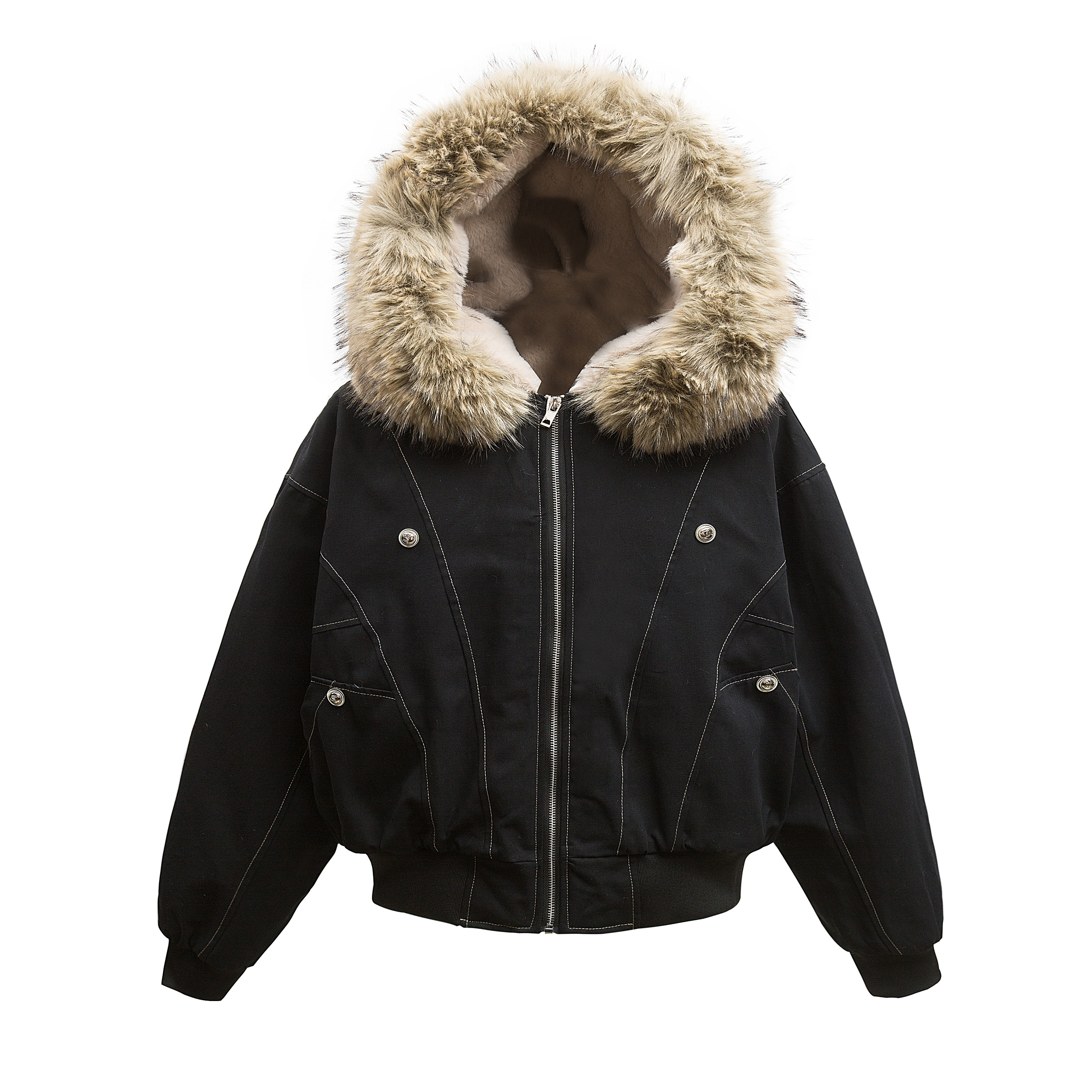 Faux Rabbit Fur Hooded Cotton Jacket - National Trend Short Wide Parka for a Chic Amoeba Look