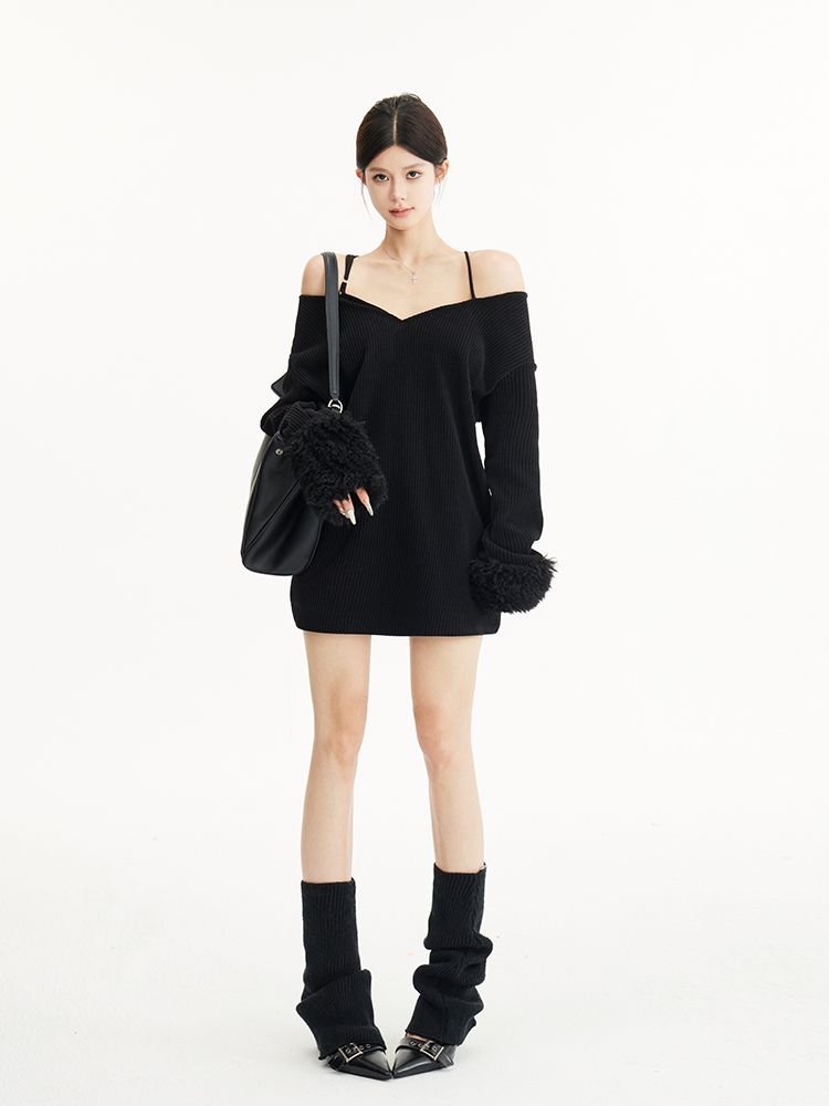 Faux Two-Piece Off-Shoulder Knitted Top with Hat and Scarf - Loose Fit, Cozy Style for Casual Y2K Fashion Faux Two-Piece Off-Shoulder Knitted Top with Hat and Scarf - Loose Fit, Cozy Style for Casual Y2K Fashion