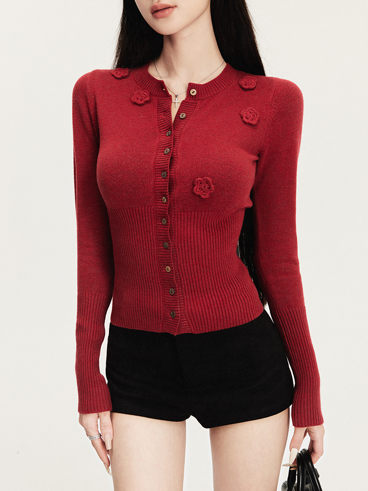 Festive Red Buttoned Knit Cardigan with Exquisite Flower Buttons - Chic Layering Piece for 90s and Y2K Style