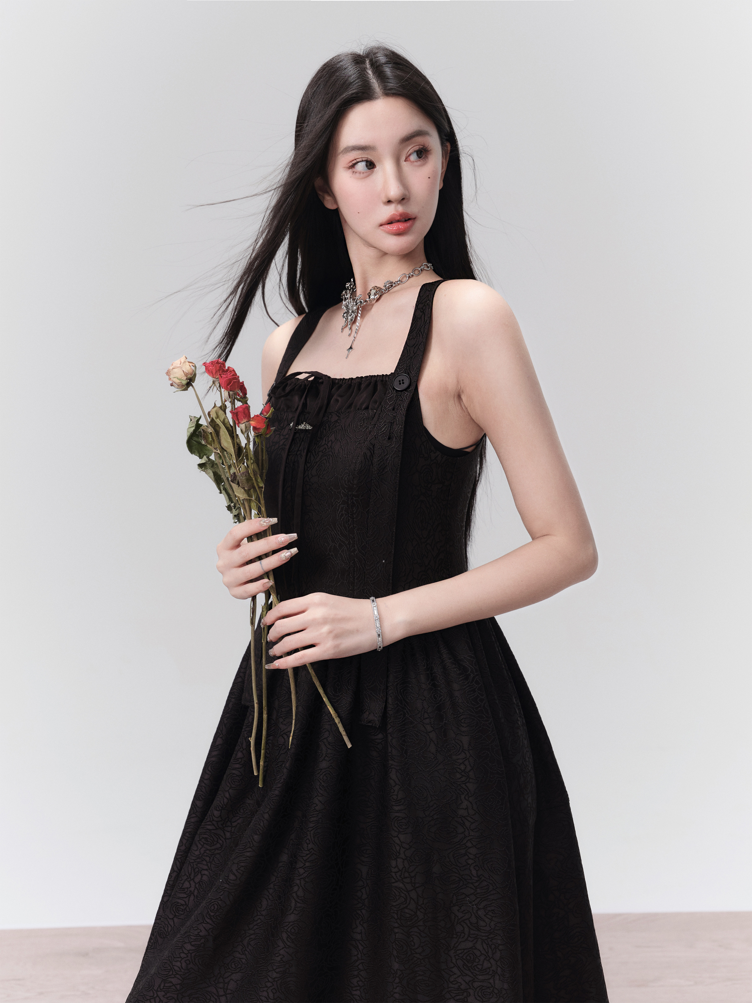 First Edition French Jacquard Pleated Strap Dress with Bow and Sheer Overlay - Elegant Party Dress, Vintage-Inspired Fashion