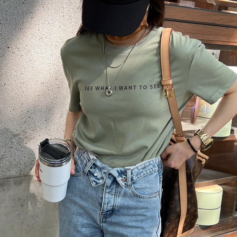 Fitted Gray-Green T-Shirt for Women - Round Neck, Short Sleeves, Slim Fit, Letter Print - Versatile Summer Style