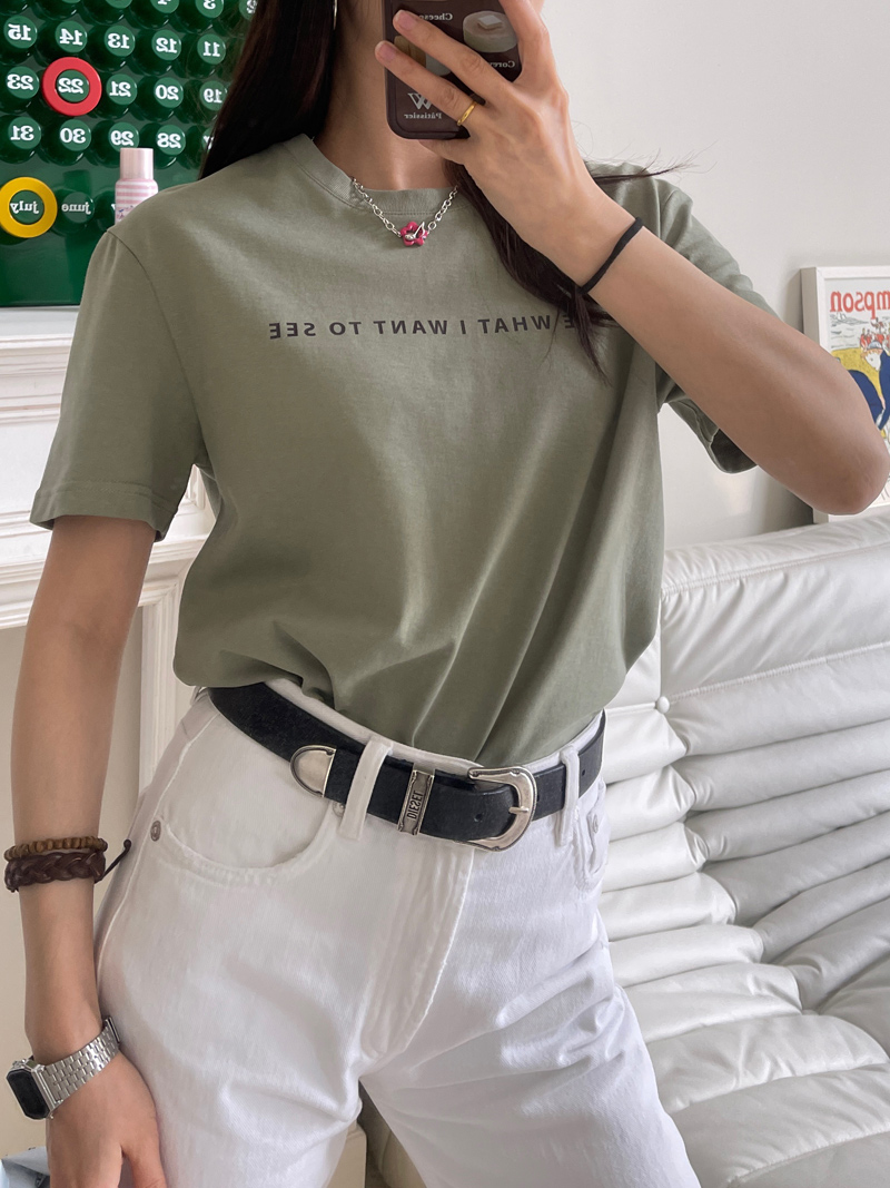 Fitted Gray-Green T-Shirt for Women - Round Neck, Short Sleeves, Slim Fit, Letter Print - Versatile Summer Style