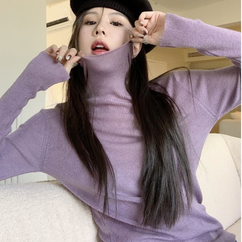 Fitted Purple Sweater with Pile Collar, Women's High-Neck Knitted Top for Autumn/Winter, Sweet and Spicy Fashion Essential Fitted Purple Sweater with Pile Collar, Women's High-Neck Knitted Top for Autumn/Winter, Sweet and Spicy Fashion Essential