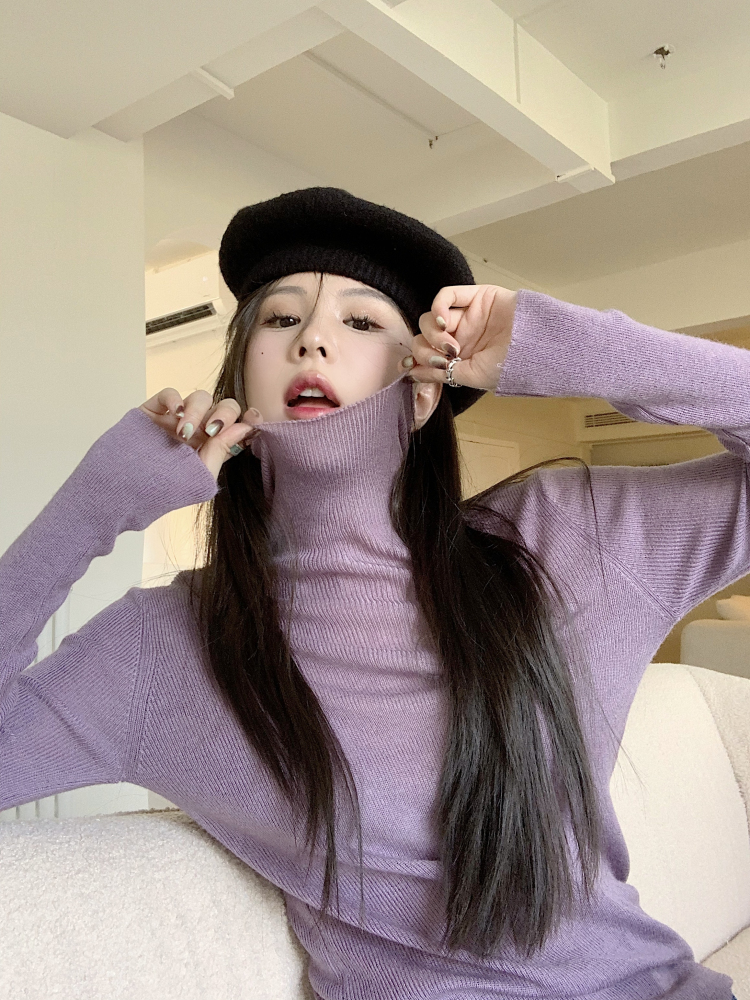 Fitted Purple Sweater with Pile Collar, Women's High-Neck Knitted Top for Autumn/Winter, Sweet and Spicy Fashion Essential Fitted Purple Sweater with Pile Collar, Women's High-Neck Knitted Top for Autumn/Winter, Sweet and Spicy Fashion Essential