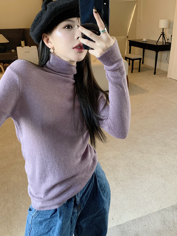Fitted Purple Sweater with Pile Collar, Women's High-Neck Knitted Top for Autumn/Winter, Sweet and Spicy Fashion Essential Fitted Purple Sweater with Pile Collar, Women's High-Neck Knitted Top for Autumn/Winter, Sweet and Spicy Fashion Essential