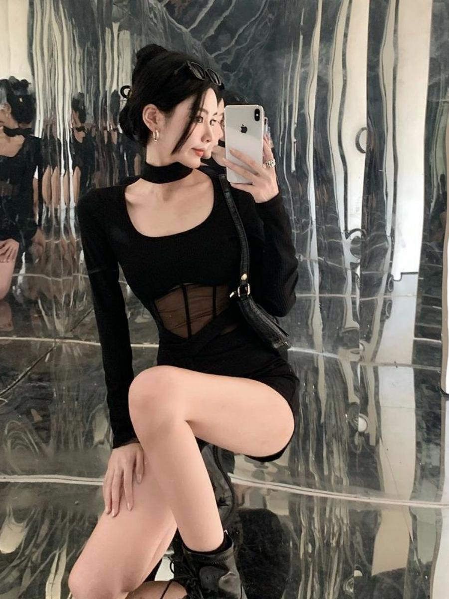 Fitted Square Neck Long Sleeve Mesh Bodysuit for Women - Solid Color, Southeast Asian & European-American Style, Trendy Fashion Essential Fitted Square Neck Long Sleeve Mesh Bodysuit for Women - Solid Color, Southeast Asian & European-American Style, Trendy Fashion Essential