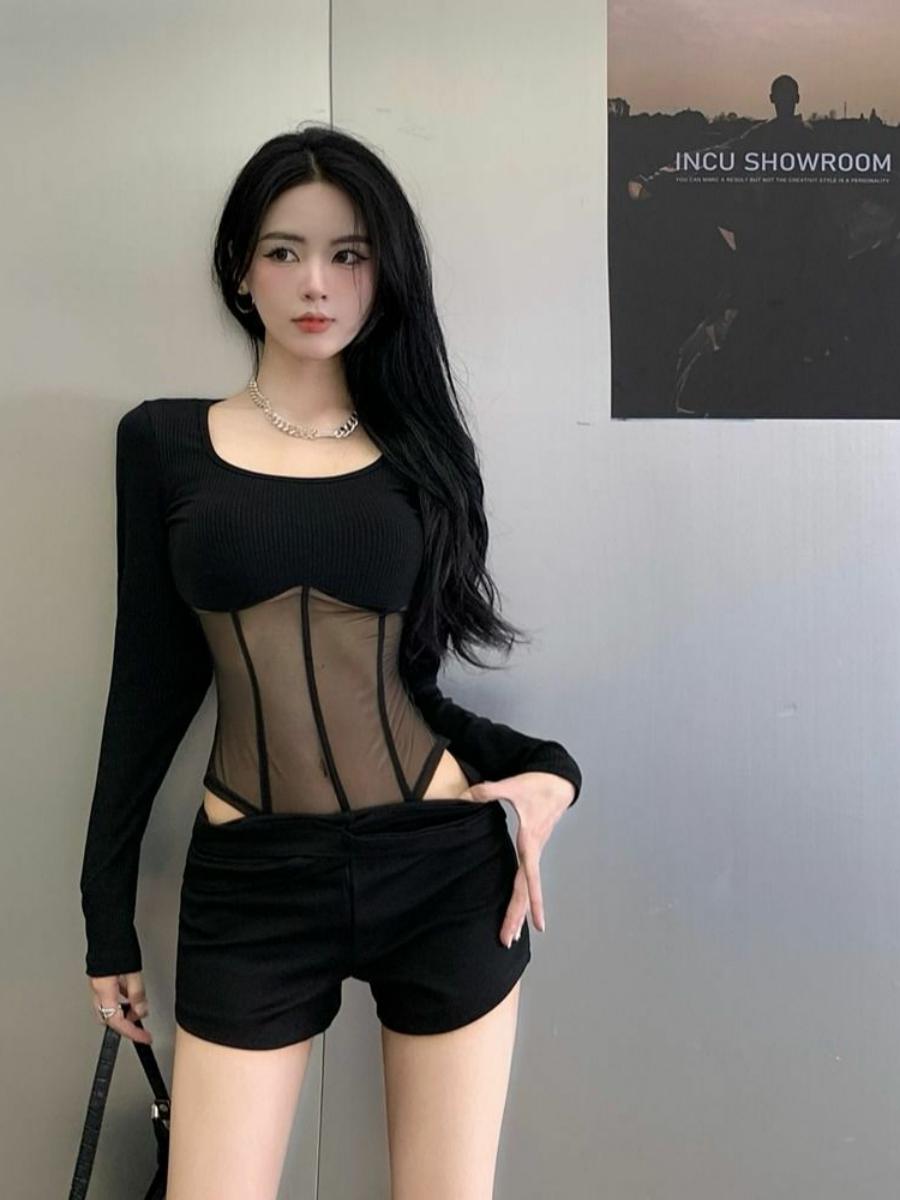 Fitted Square Neck Long Sleeve Mesh Bodysuit for Women - Solid Color, Southeast Asian & European-American Style, Trendy Fashion Essential Fitted Square Neck Long Sleeve Mesh Bodysuit for Women - Solid Color, Southeast Asian & European-American Style, Trendy Fashion Essential