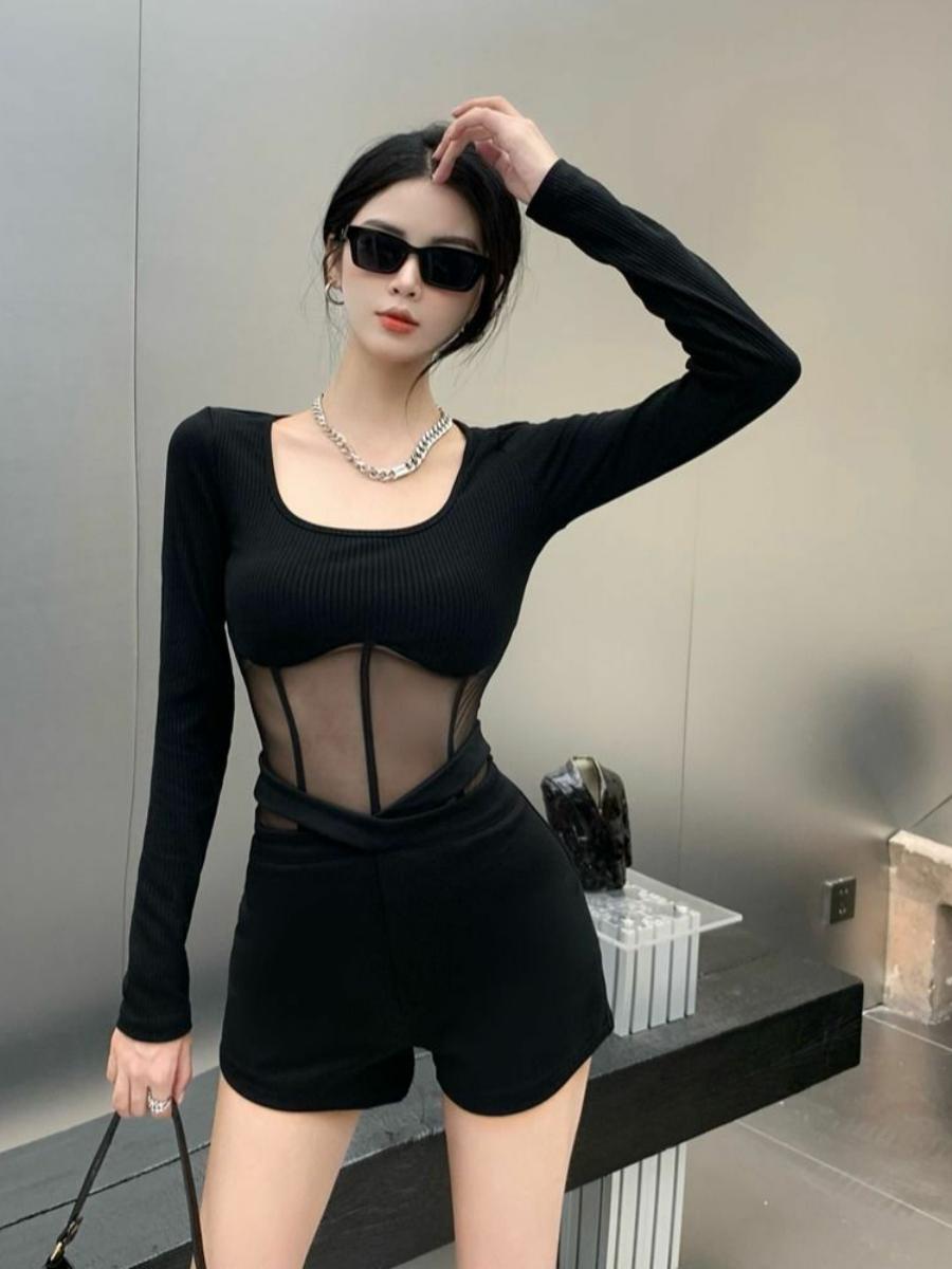 Fitted Square Neck Long Sleeve Mesh Bodysuit for Women - Solid Color, Southeast Asian & European-American Style, Trendy Fashion Essential Fitted Square Neck Long Sleeve Mesh Bodysuit for Women - Solid Color, Southeast Asian & European-American Style, Trendy Fashion Essential