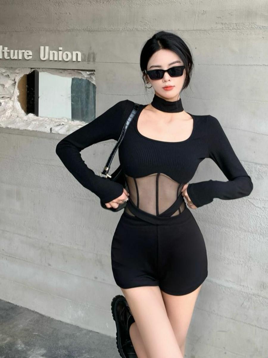 Fitted Square Neck Long Sleeve Mesh Bodysuit for Women - Solid Color, Southeast Asian & European-American Style, Trendy Fashion Essential Fitted Square Neck Long Sleeve Mesh Bodysuit for Women - Solid Color, Southeast Asian & European-American Style, Trendy Fashion Essential