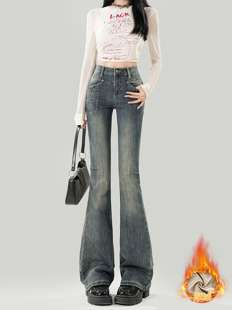 Flared High-Waisted Fleece-Lined Jeans for Women - Retro Autumn/Winter 2025 Slim Fit Bell-Bottoms