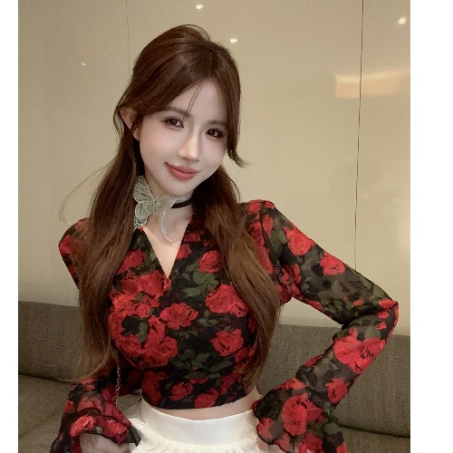 Flared Sleeve Floral Chiffon Shirt with Bow Tie - Stylish Long Sleeve Summer Outerwear for Sun Protection