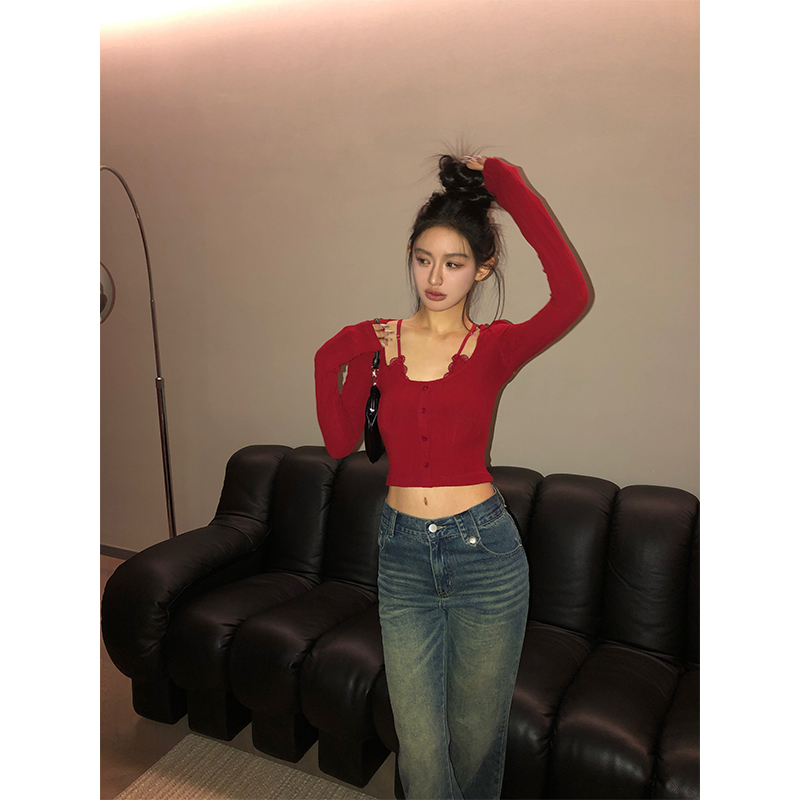 Flirty Precision Sniper Lace Splicing Long Sleeve Top - Exquisite Fake Two-Piece Design, Korean Style Spring Shirt for Women Flirty Precision Sniper Lace Splicing Long Sleeve Top - Exquisite Fake Two-Piece Design, Korean Style Spring Shirt for Women