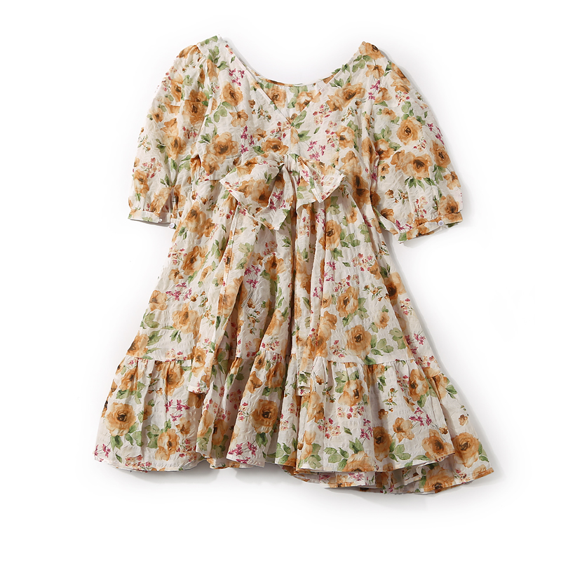 Floral Backless Dress with Bow Decoration - Summer Round Neck Age-Reducing Style, European Fashion, Perfect for 90s & Y2K Inspired Looks Floral Backless Dress with Bow Decoration - Summer Round Neck Age-Reducing Style, European Fashion, Perfect for 90s & Y2K Inspired Looks