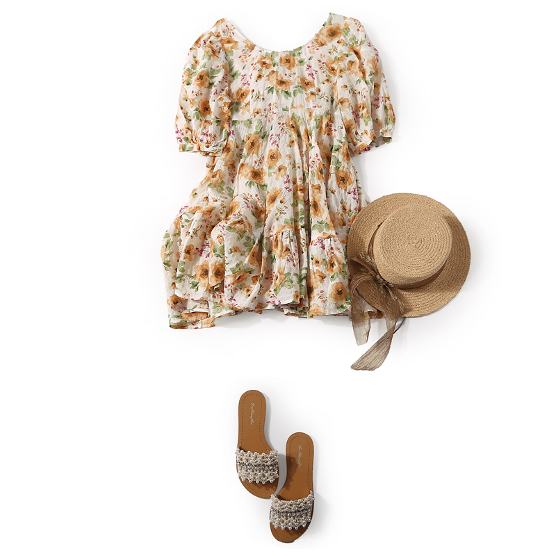 Floral Backless Dress with Bow Decoration - Summer Round Neck Age-Reducing Style, European Fashion, Perfect for 90s & Y2K Inspired Looks Floral Backless Dress with Bow Decoration - Summer Round Neck Age-Reducing Style, European Fashion, Perfect for 90s & Y2K Inspired Looks