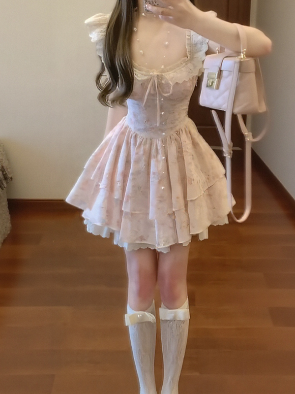 Floral Dress for Women with Small Flying Sleeves, Waist-Cinching Design, Sweet Temperament, 2025 Summer Princess Style