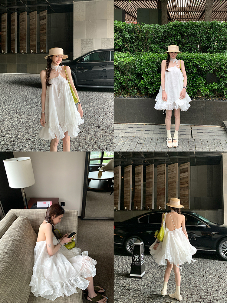 Floral Embroidered Cami Dress with Asymmetrical Shoulder, Flowing Ribbons, Ruffle Hem, and Puff Skirt - Perfect for Music Festivals and Y2K Style Floral Embroidered Cami Dress with Asymmetrical Shoulder, Flowing Ribbons, Ruffle Hem, and Puff Skirt - Perfect for Music Festivals and Y2K Style