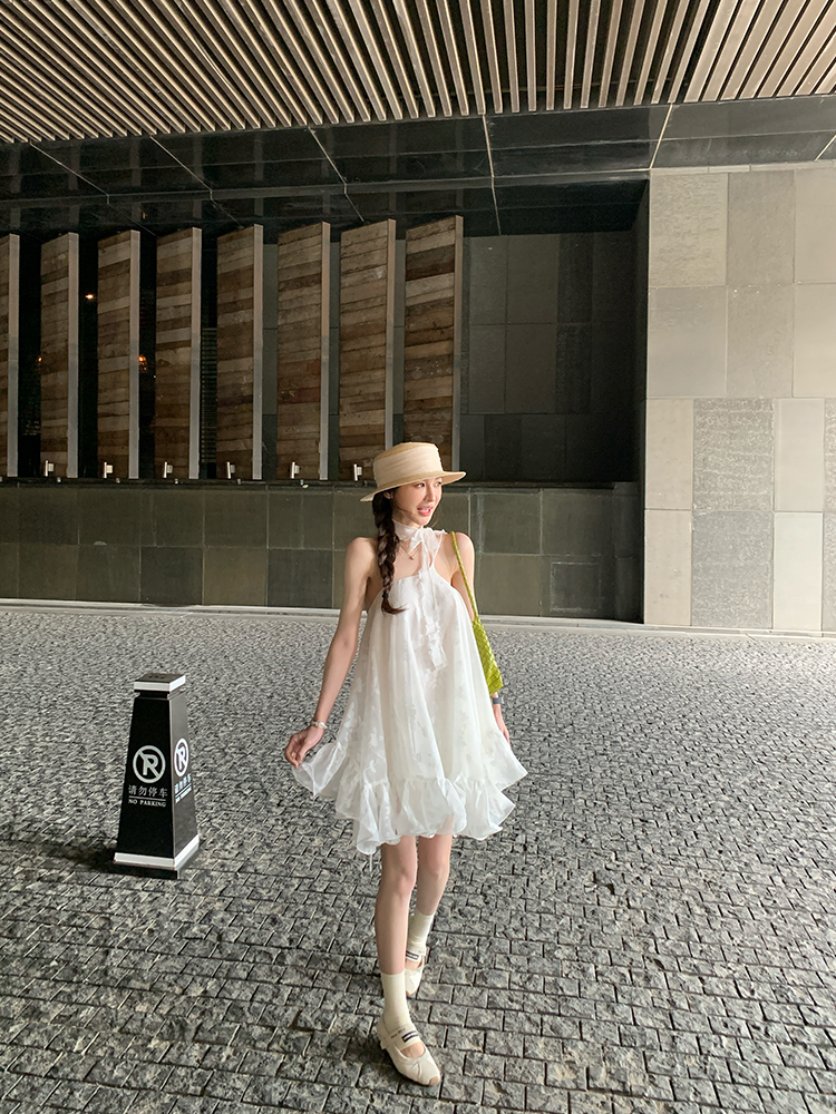 Floral Embroidered Cami Dress with Asymmetrical Shoulder, Flowing Ribbons, Ruffle Hem, and Puff Skirt - Perfect for Music Festivals and Y2K Style Floral Embroidered Cami Dress with Asymmetrical Shoulder, Flowing Ribbons, Ruffle Hem, and Puff Skirt - Perfect for Music Festivals and Y2K Style