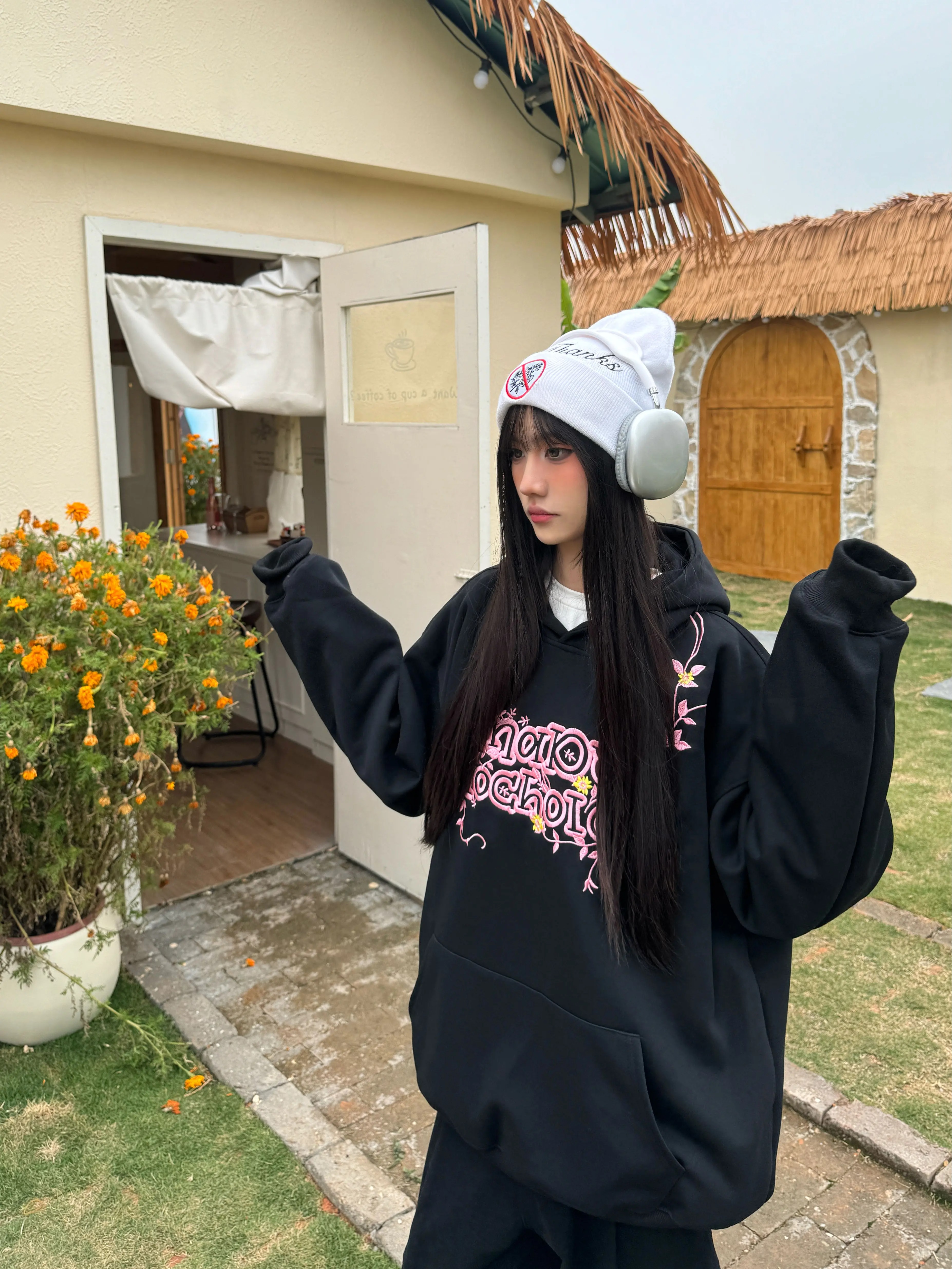 Floral Embroidery Hoodie for Women - Loose Casual Sweatshirt, Spring Style, National Trend, 90s Inspired American Fashion Floral Embroidery Hoodie for Women - Loose Casual Sweatshirt, Spring Style, National Trend, 90s Inspired American Fashion