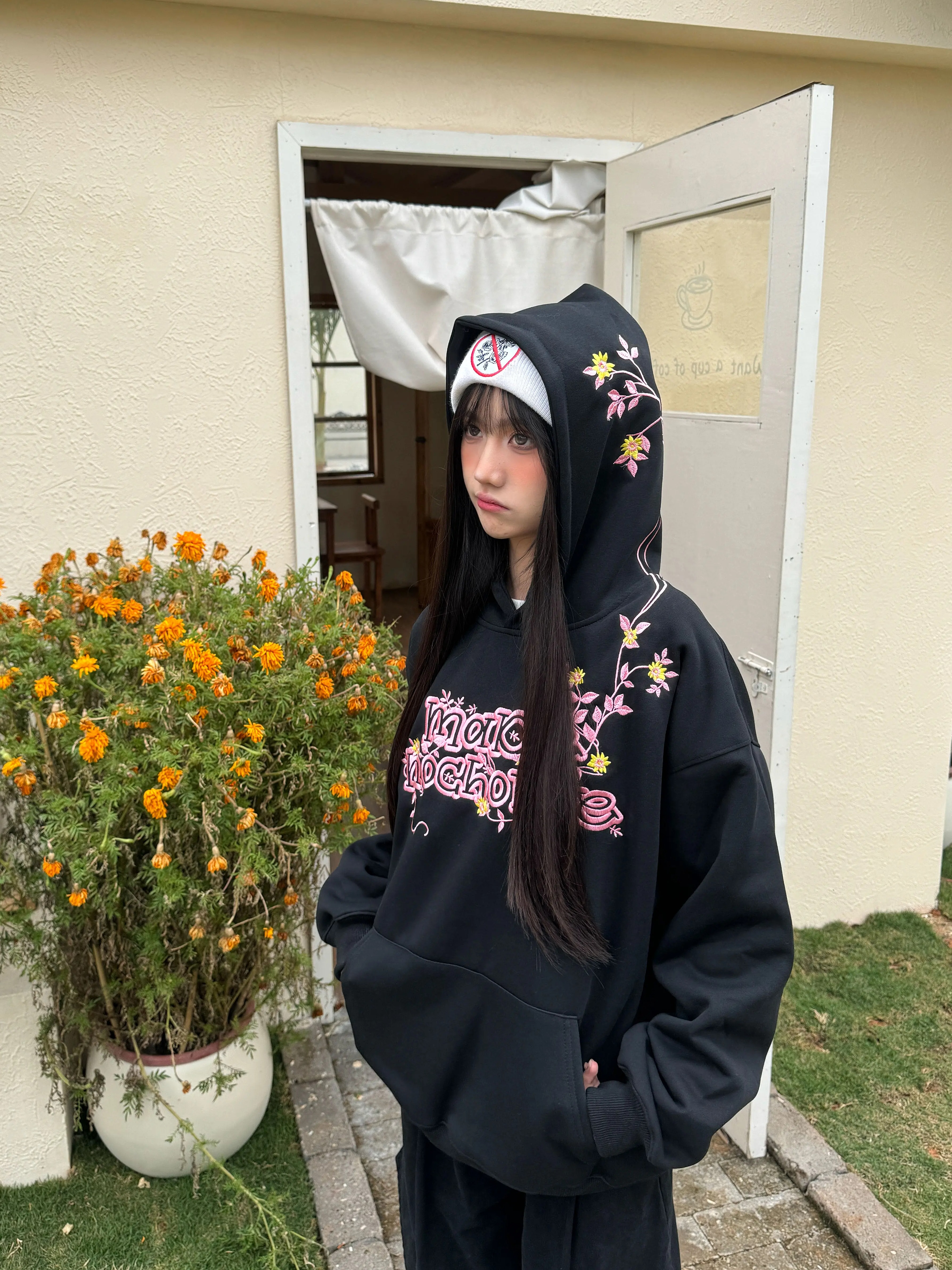 Floral Embroidery Hoodie for Women - Loose Casual Sweatshirt, Spring Style, National Trend, 90s Inspired American Fashion Floral Embroidery Hoodie for Women - Loose Casual Sweatshirt, Spring Style, National Trend, 90s Inspired American Fashion