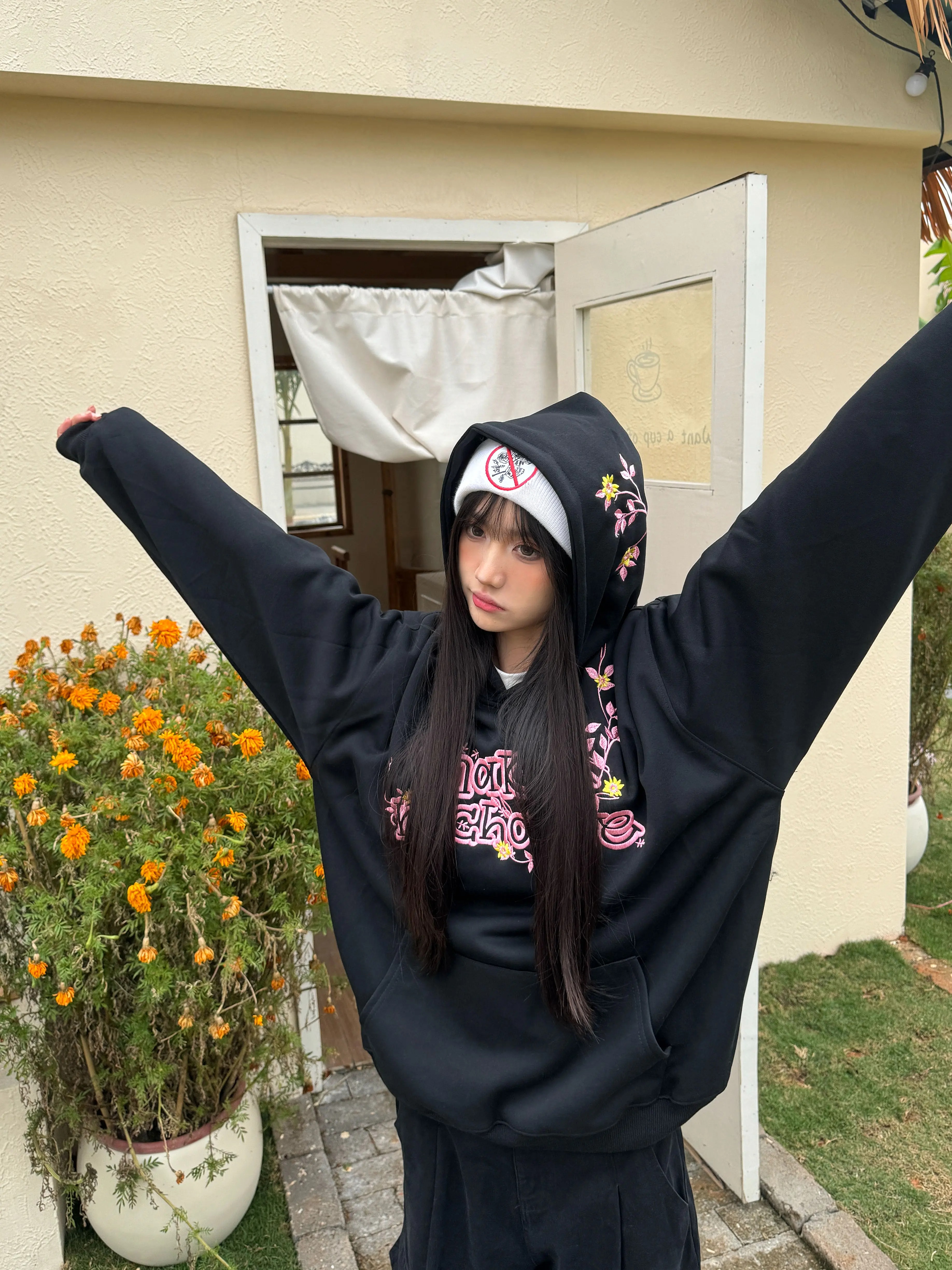 Floral Embroidery Hoodie for Women - Loose Casual Sweatshirt, Spring Style, National Trend, 90s Inspired American Fashion Floral Embroidery Hoodie for Women - Loose Casual Sweatshirt, Spring Style, National Trend, 90s Inspired American Fashion