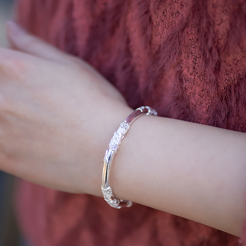 Floral Filigree Silver Bracelet for Women - 9999 Pure Silver, Vibrant Flower Design, 30 Grams, Perfect Gift for Girlfriend or Mother